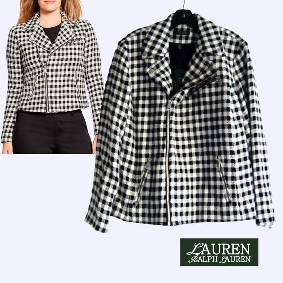 LAUREN RALPH LAUREN NEW Old Money Gingham Asymmetrical Zip Moto Blazer 14W - Picture 1 of 12